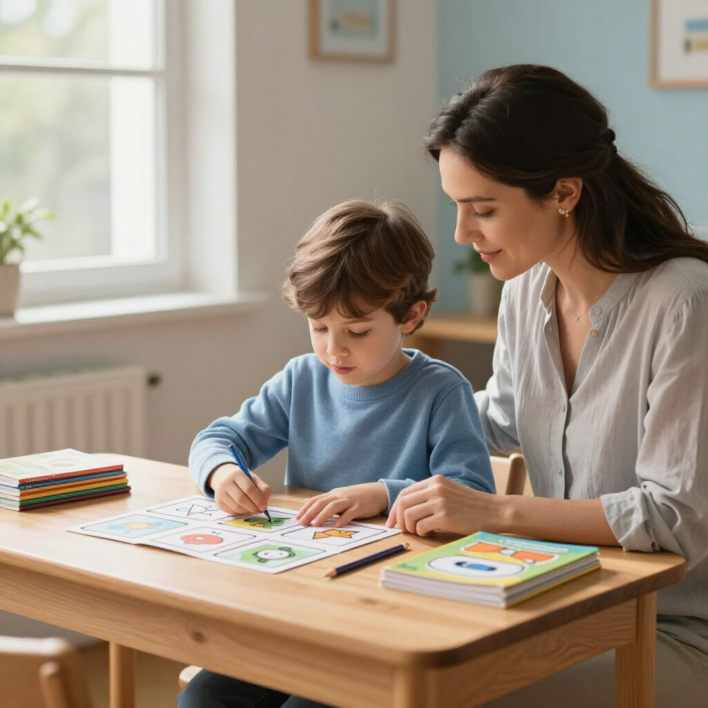 Adult helping child draw at a wooden table with crayons in a bright room