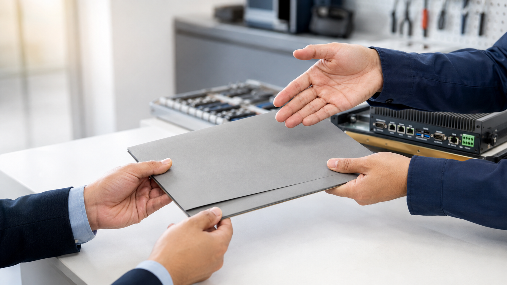 Hands exchanging a silver laptop in an office setting