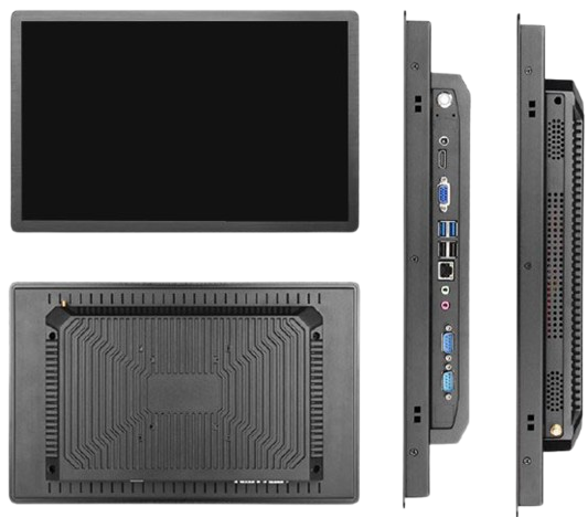A computer monitor is shown from different angles on a white background