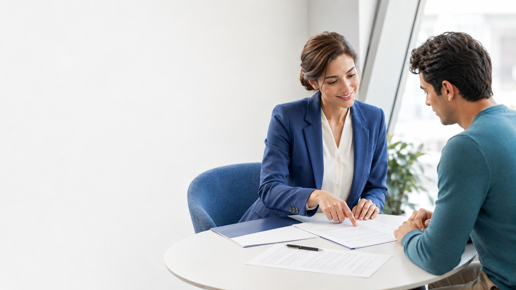 Two people reviewing paperwork at a white table in a bright office.