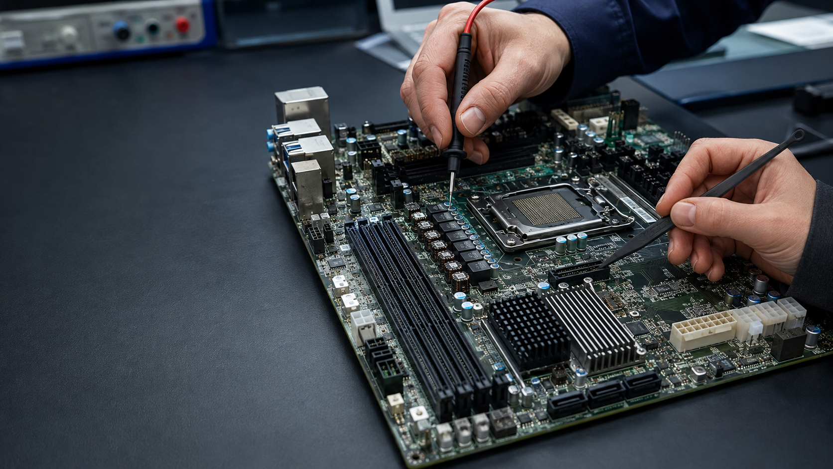 Technician probing a computer motherboard with test leads on a workbench