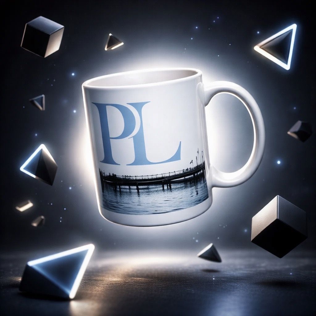 Mug blanc orné du logo « PL » bleu et d'un reflet de l'océan, entouré de formes géométriques noires et blanches lumineuses.
