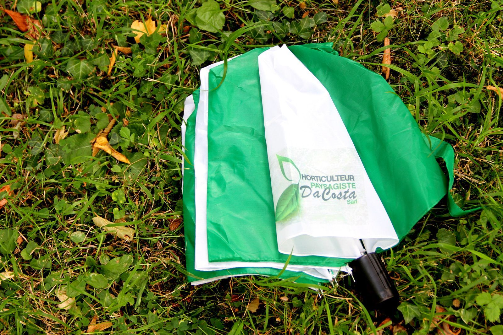 Parapluie vert et blanc posé sur l'herbe, avec une poignée noire visible