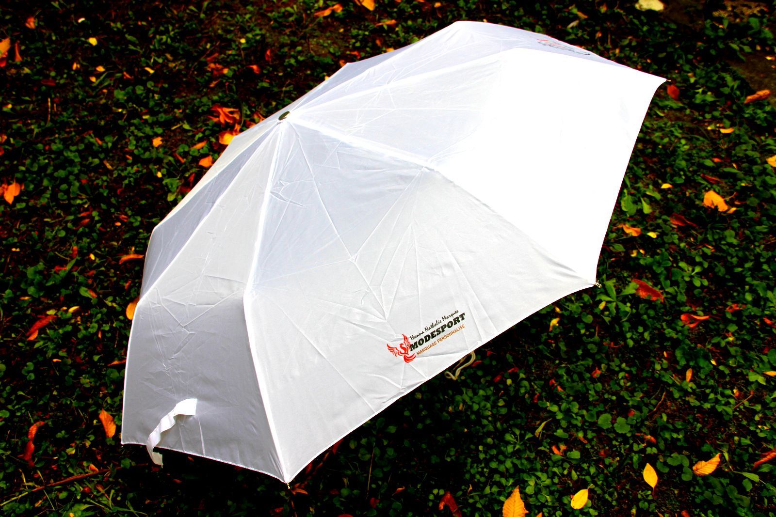 Parasol blanc sur un sol sombre et feuillu parsemé de fleurs orange