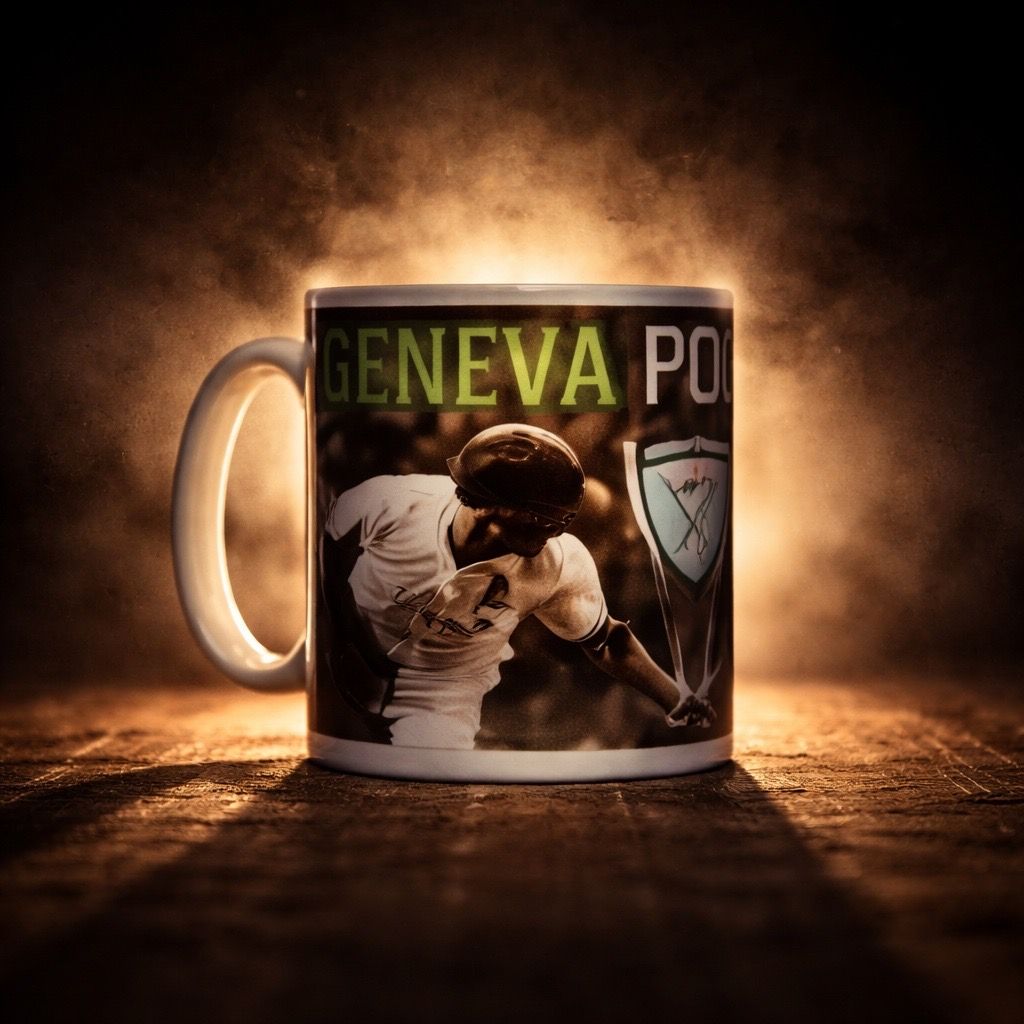Mug de la police de Genève avec une scène de lutte, éclairée de façon dramatique sur fond sombre