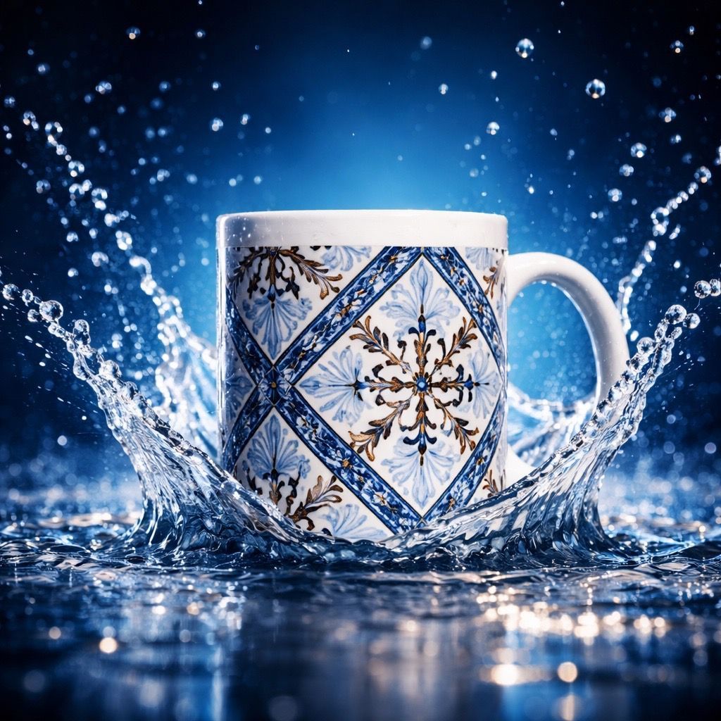 Mug blanc à motif floral bleu éclaboussant de l'eau sur fond bleu foncé