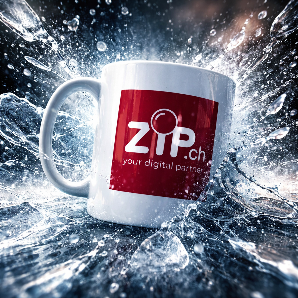 Mug blanc Zip.ch représentant des éclaboussures d'eau, avec un logo rouge sur le devant.