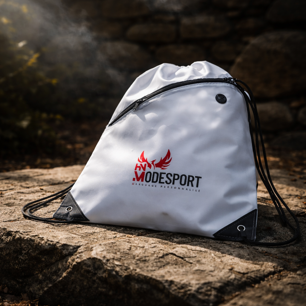 Sac à cordon MODESPORT blanc avec bordure noire sur une surface rocheuse en extérieur