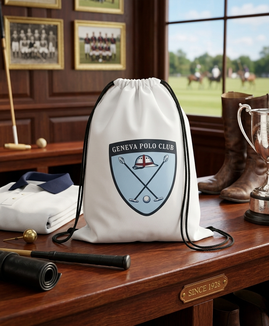 Sac à cordon blanc orné d'un blason bleu posé sur un bureau en bois dans un bureau ou une salle d'étude tapissée de trophées.