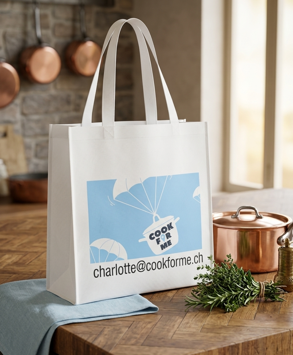 Un sac fourre-tout blanc avec un logo bleu est posé sur le comptoir d'une cuisine, à côté d'une tasse en cuivre, d'un torchon et de verdure.