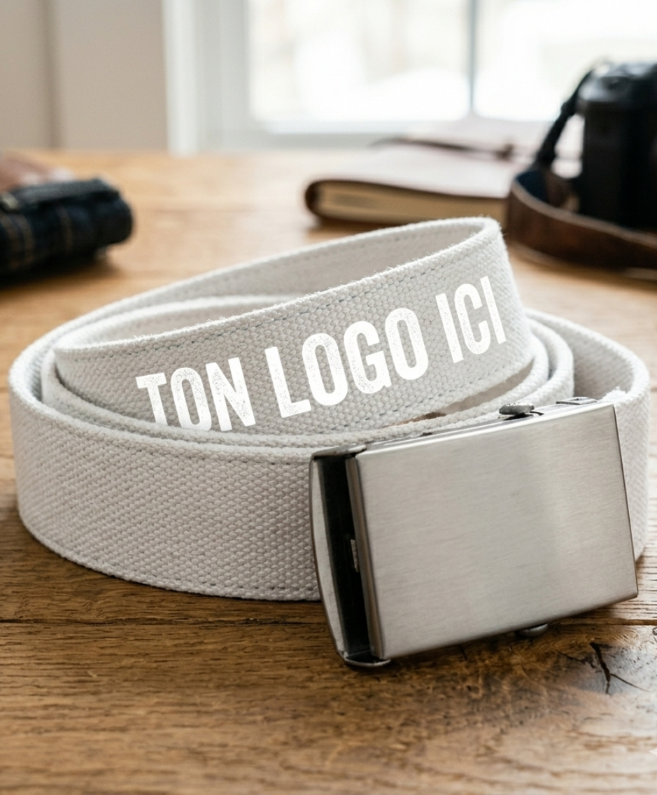 Ceinture blanche tissée avec boucle argentée et inscription « TON LOGO » posée sur une table en bois.