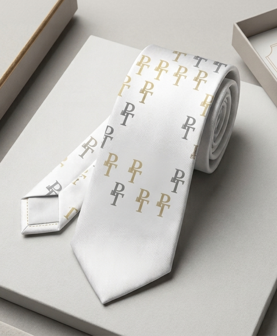 Cravate blanche à monogramme or et gris, pliée sur une surface gris clair, avec cravate assortie roulée dans une boîte