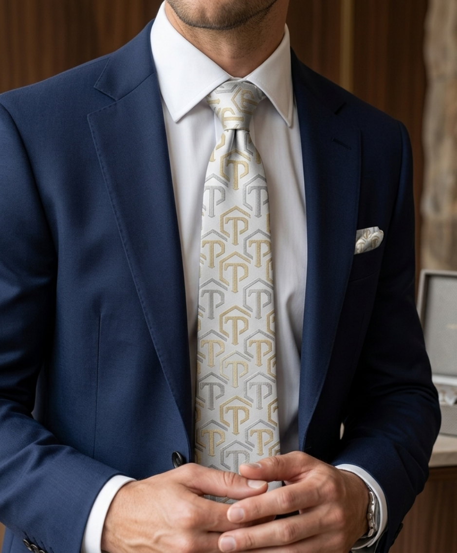 Un homme en costume bleu marine, cravate à motifs et pochette assortie, les mains jointes dans un cadre formel en intérieur