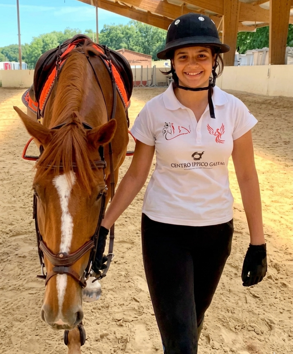 Un cavalier souriant mène un cheval brun dans un manège couvert, portant un casque et une chemise blanche.