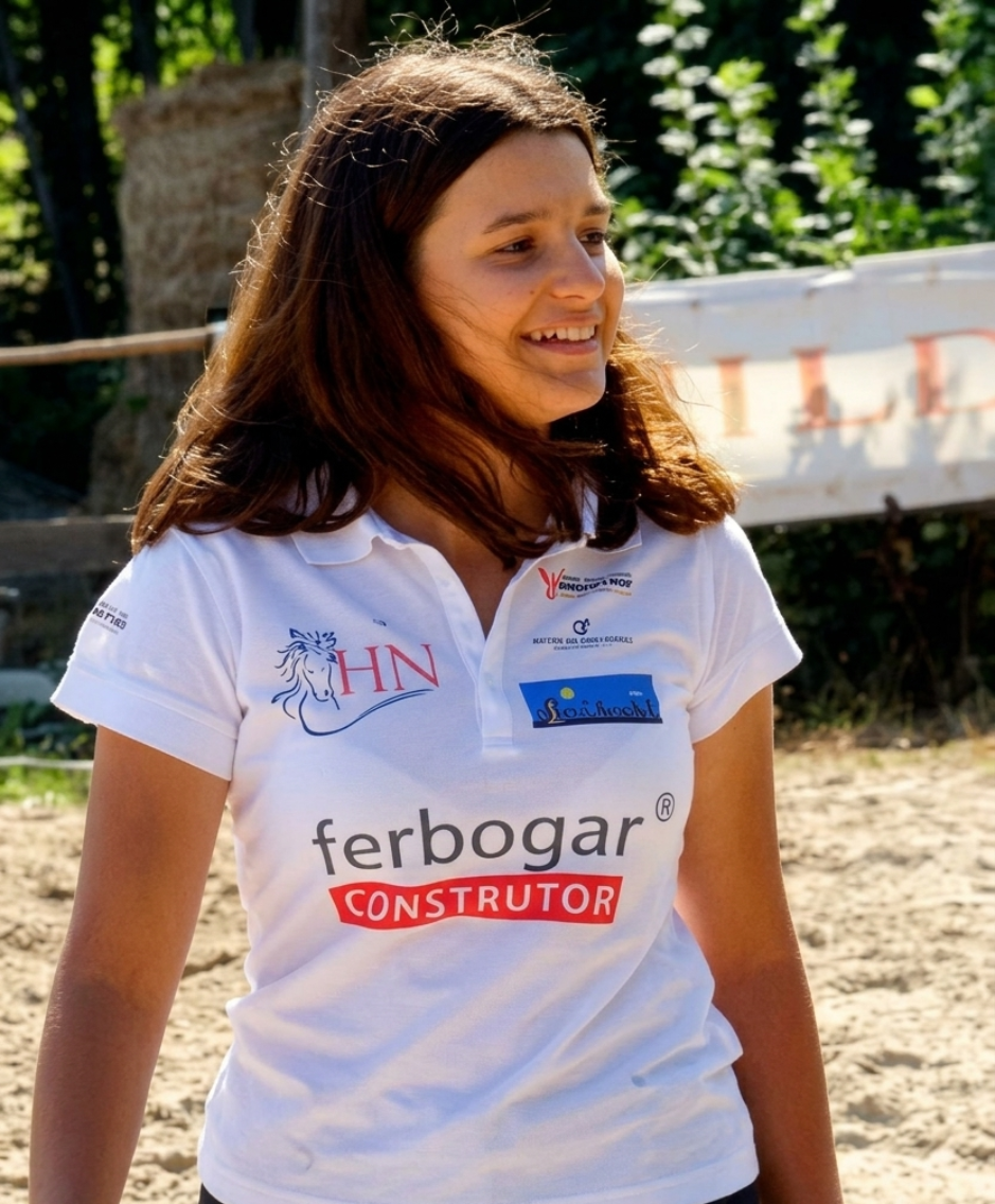 Une personne souriante, vêtue d'un t-shirt blanc de sponsor, se tient à l'extérieur au soleil.