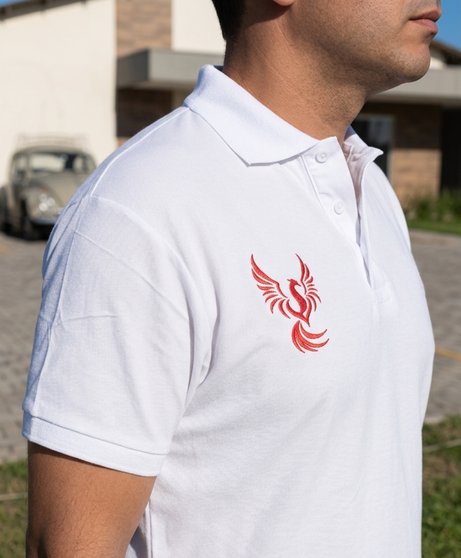 Homme en polo blanc orné d'un phénix rouge, photographié de profil en extérieur