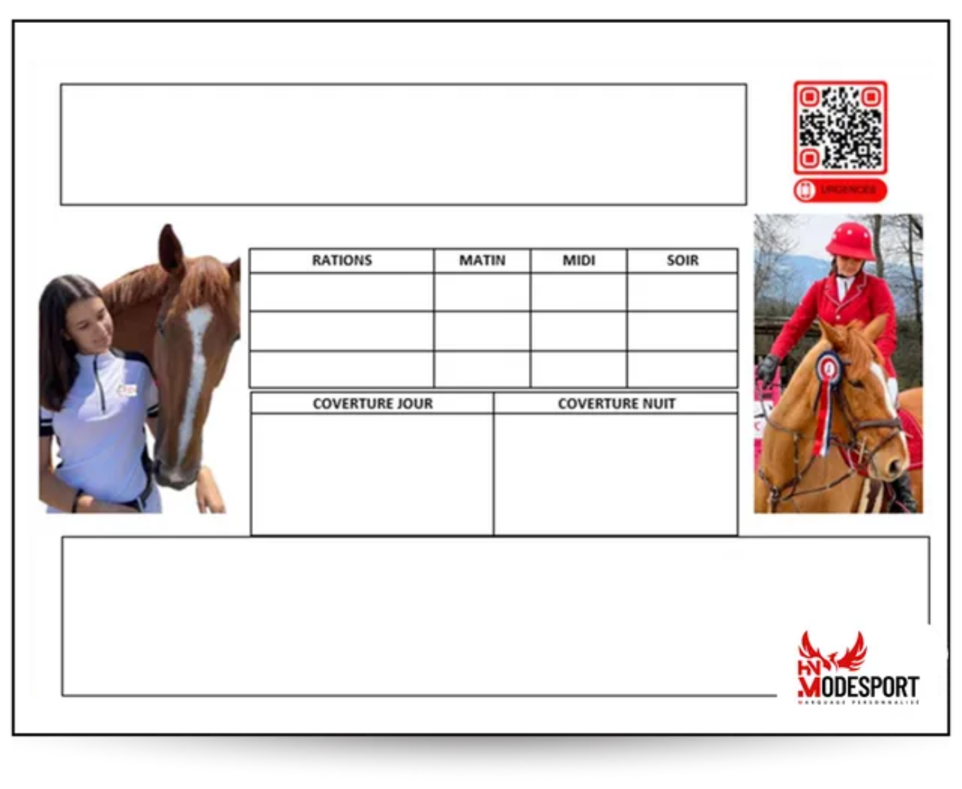 Modèle de certificat Midesport avec deux cavaliers, un code QR et des champs vides pour les notes et les commentaires.