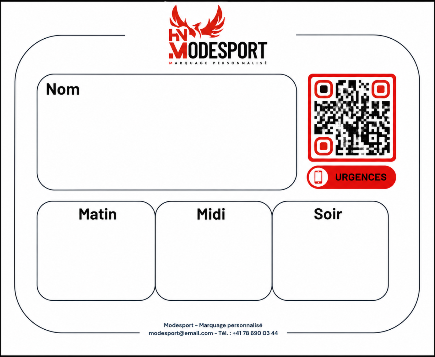 Formulaire de planification des repas français avec champ nom, code QR et trois sections : matin, midi, soir.