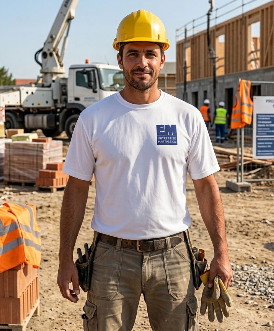 Un ouvrier du bâtiment, portant un casque jaune et un t-shirt blanc, se tient sur un chantier avec une grue et des matériaux en arrière-plan.