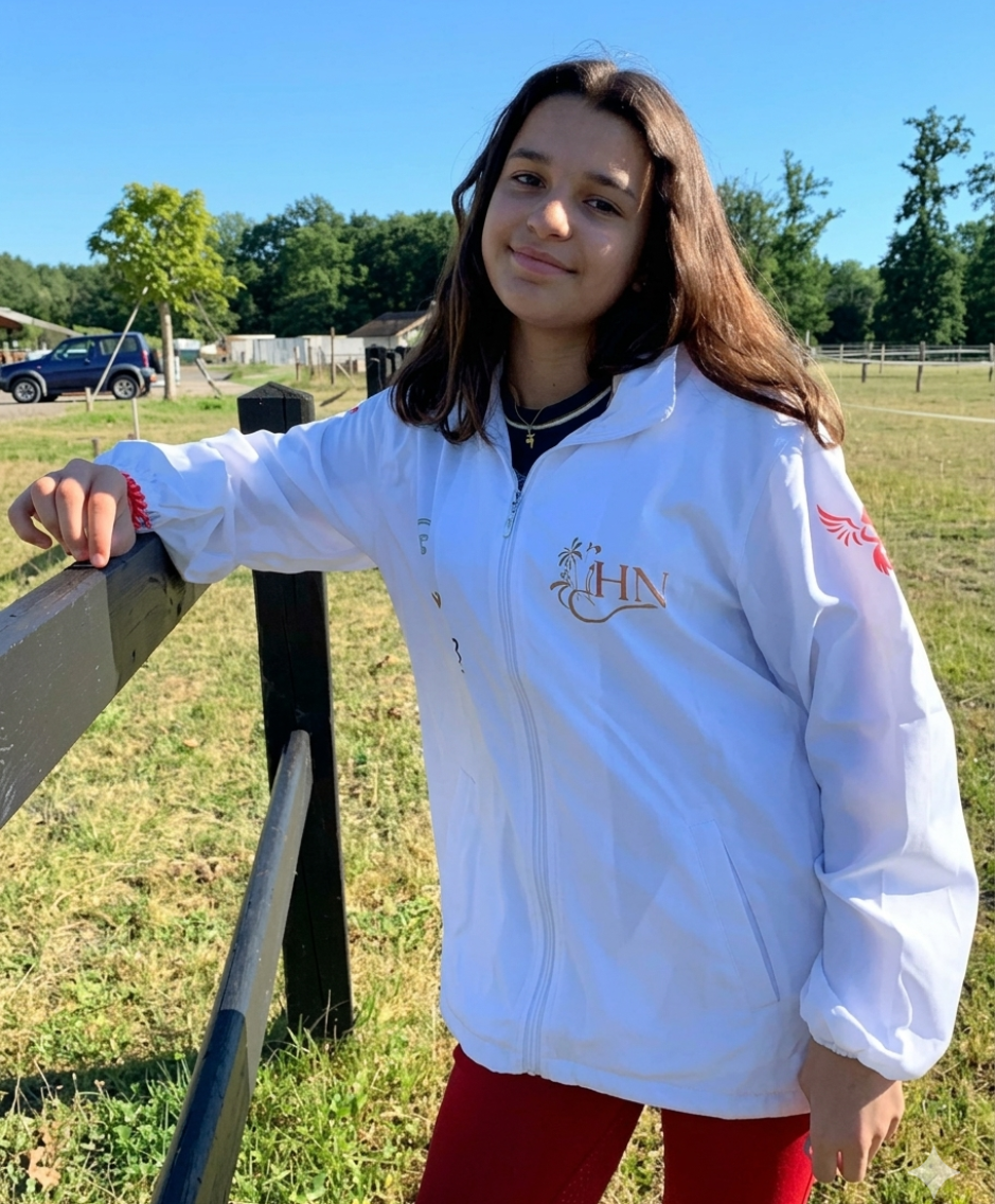 Une personne en veste blanche appuyée contre une clôture dans un champ herbeux ensoleillé.