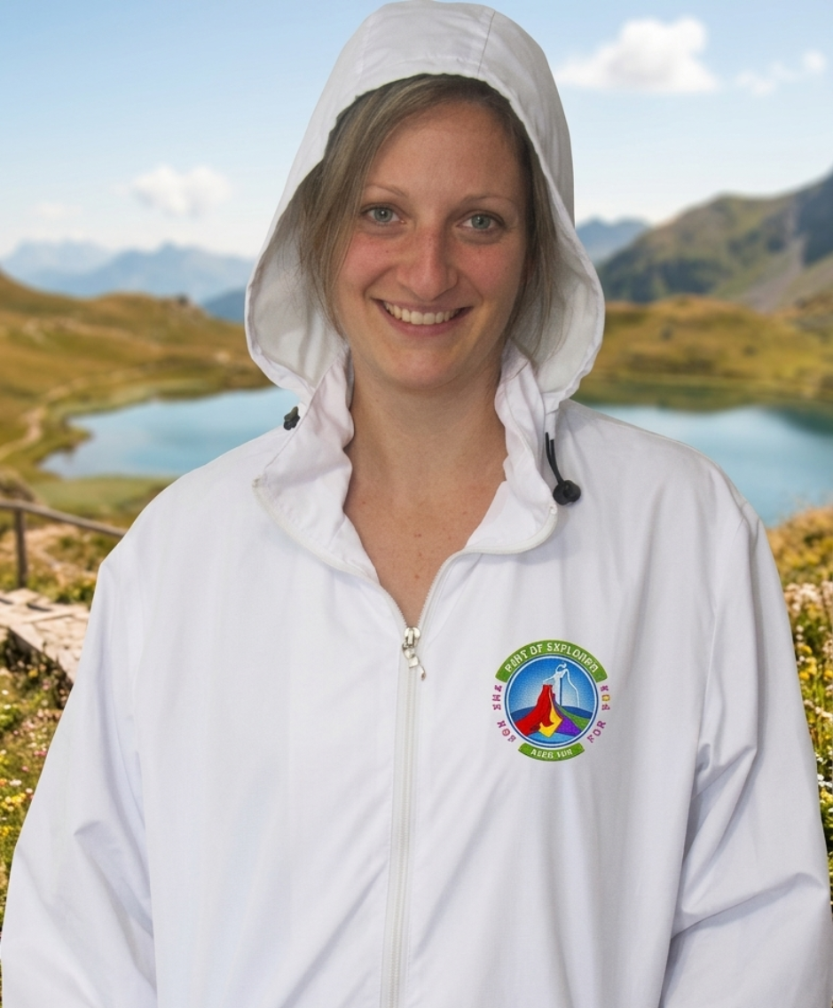 Une personne souriante, vêtue d'une veste à capuche blanche ornée d'un logo coloré, se tient devant un lac de montagne en arrière-plan.