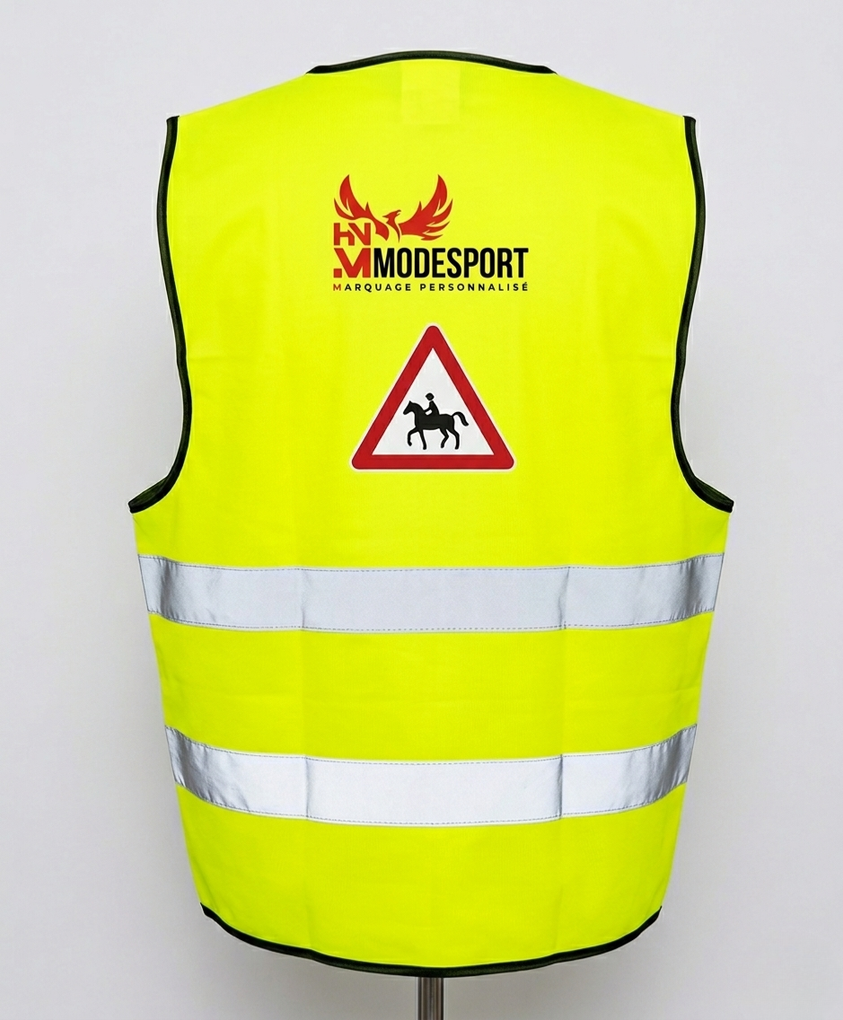 Gilet de sécurité jaune vif haute visibilité avec bandes réfléchissantes et logo, vue de face.