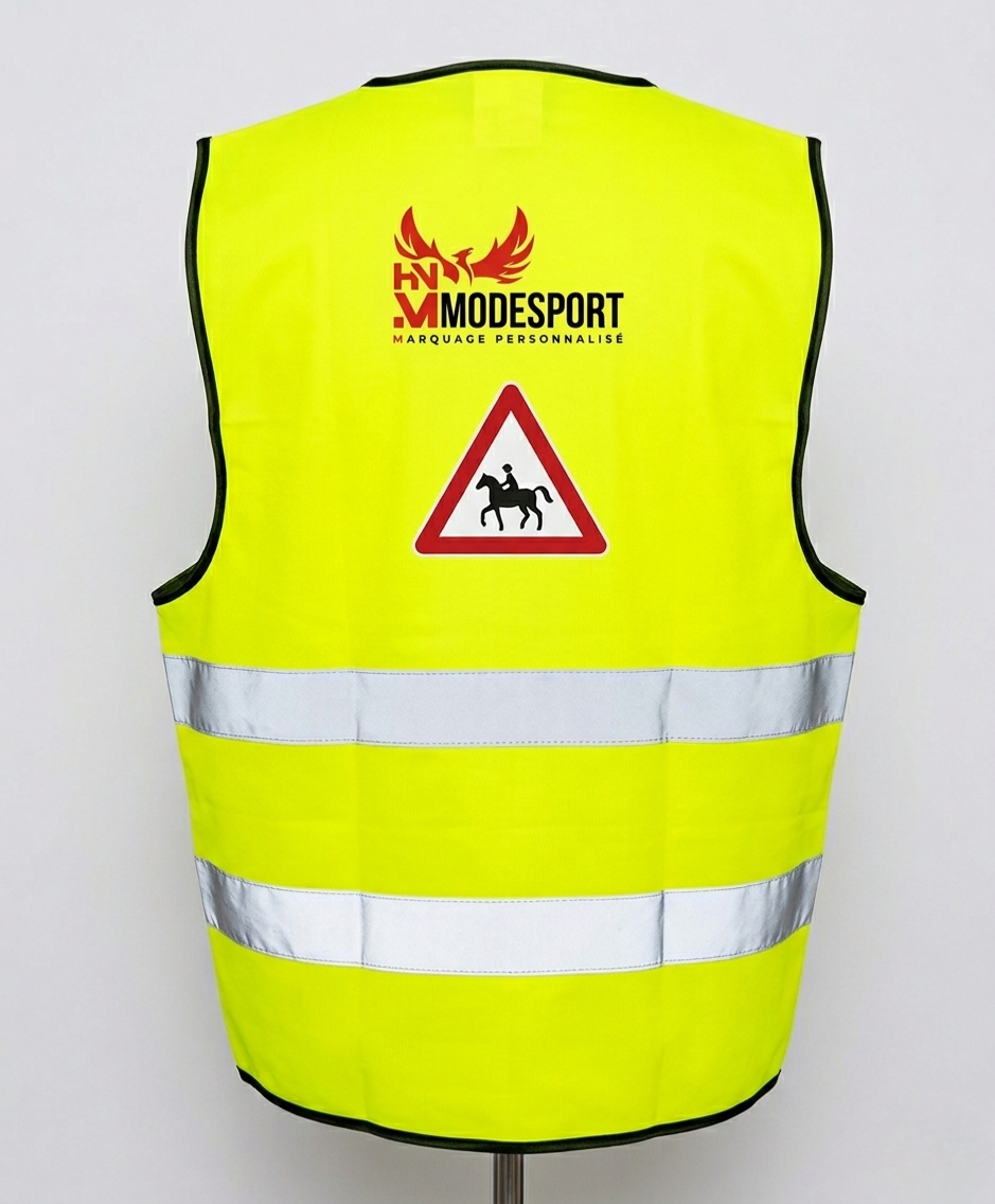 Gilet de sécurité jaune vif haute visibilité avec bandes argentées réfléchissantes et panneau d'avertissement pour l'équitation.