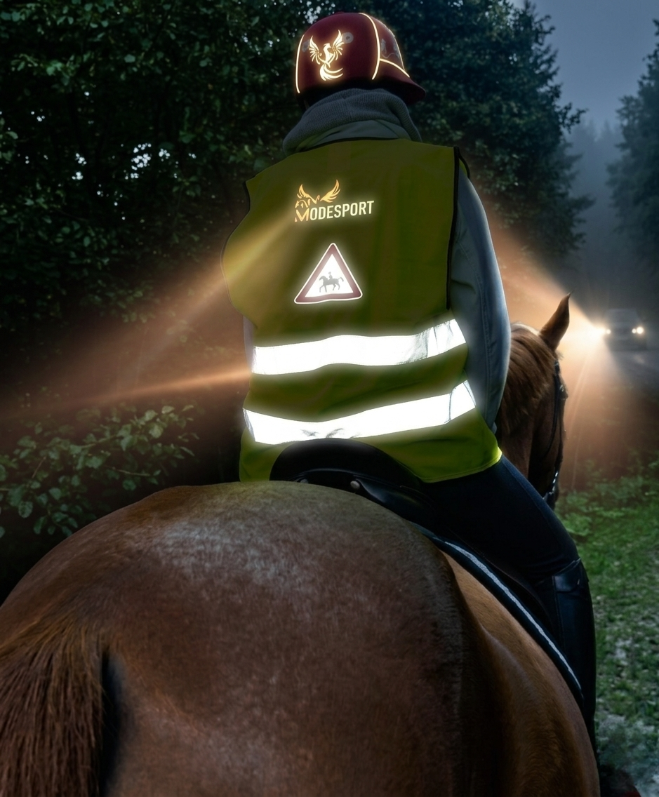Une personne à cheval, de nuit, portant un gilet de sécurité réfléchissant, est éclairée par les phares d'un véhicule sur une route forestière sombre.
