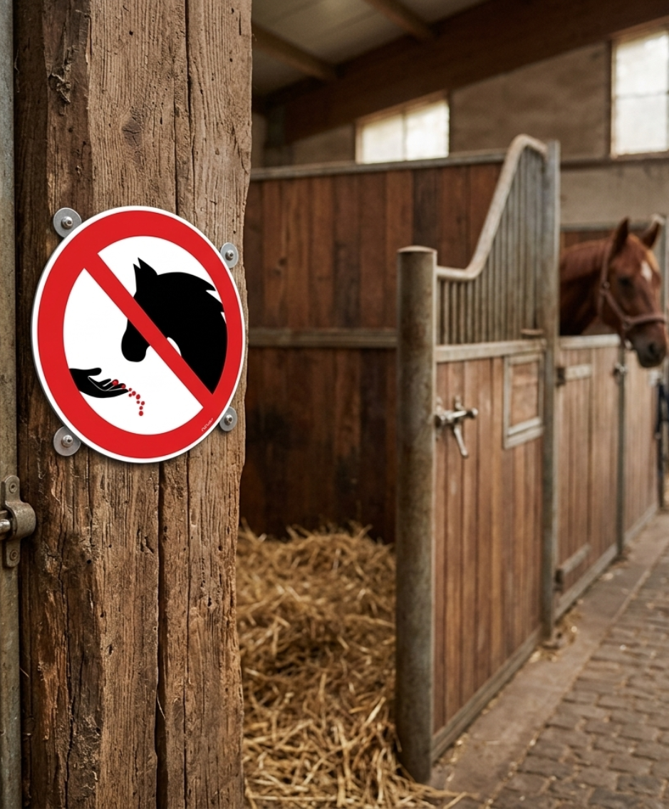 Panneau « Interdit de fumer » sur le portail en bois d'une écurie, un cheval regardant derrière.