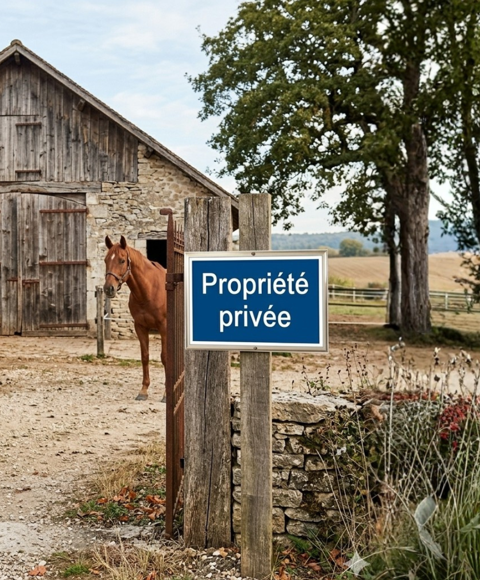 Cheval près d'un panneau bleu « Propriété privée » à côté d'une grange et d'un arbre délabrés.