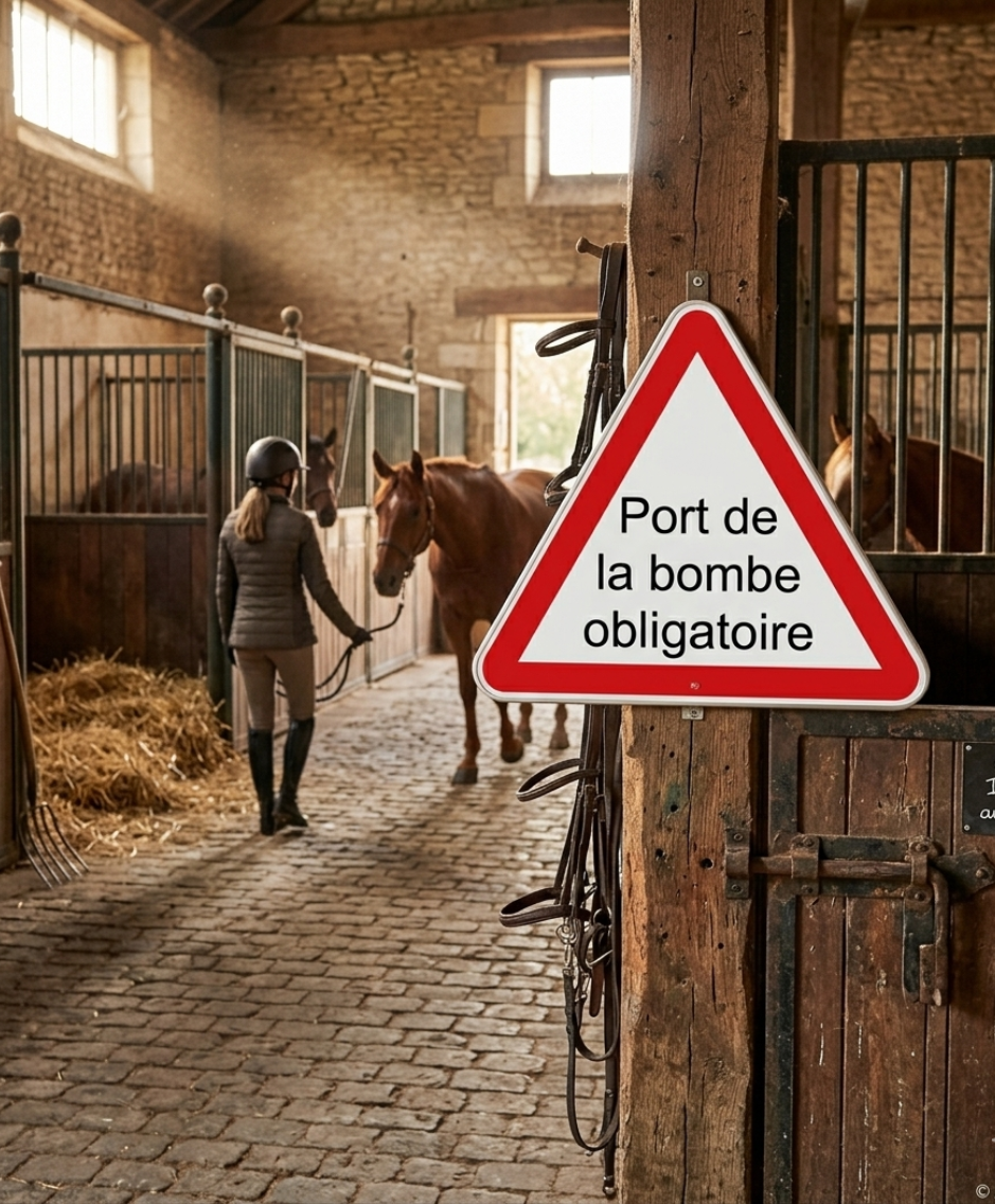 Allée d'une écurie où une personne mène un cheval devant un panneau français exigeant le port d'une muselière.