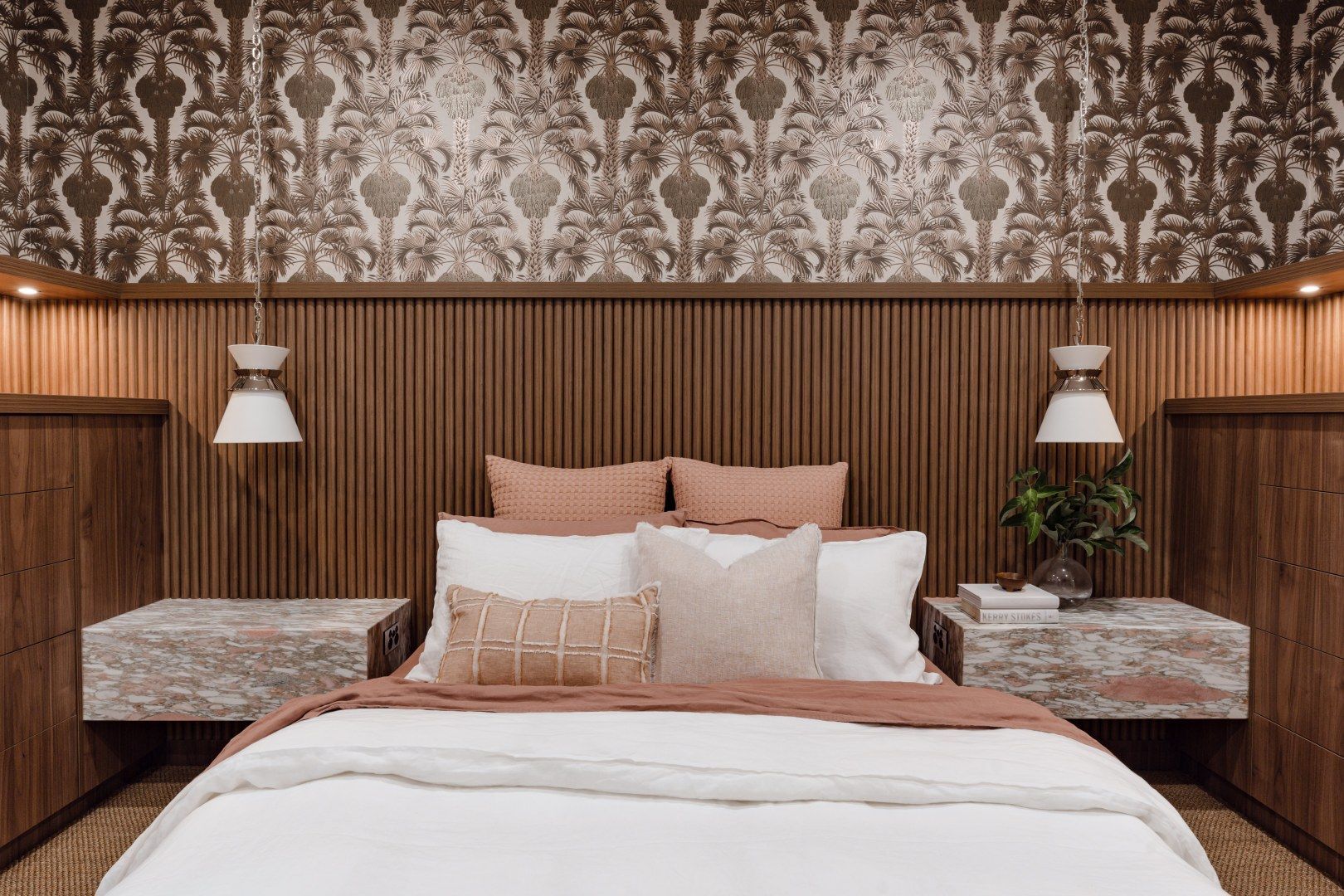 Elegant Bedroom With Patterned Wallpaper — PKJ Design in Unanderra, NSW