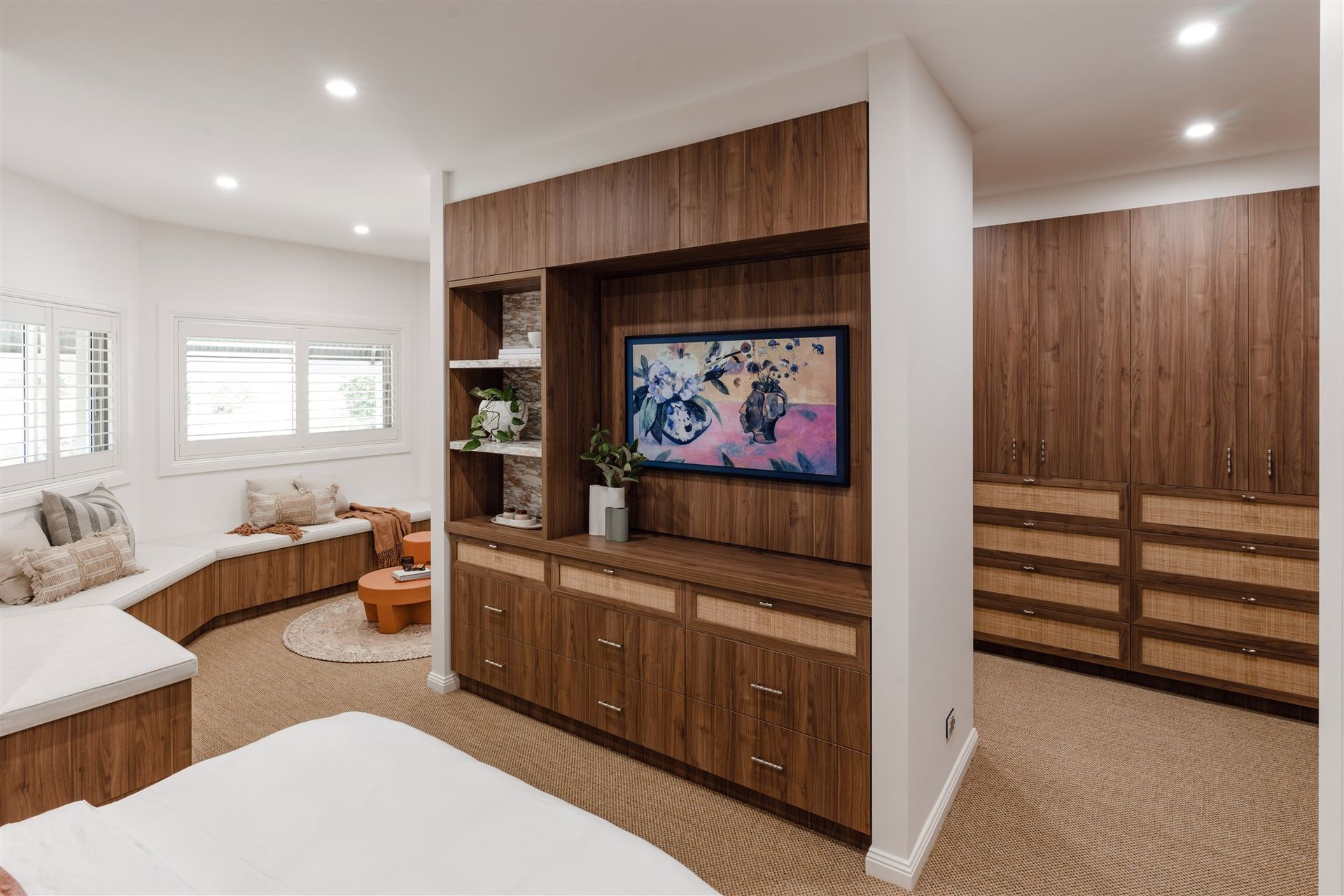Bedroom With Built-in Wood Cabinetry, TV, and White Walls — PKJ Design in Unanderra, NSW