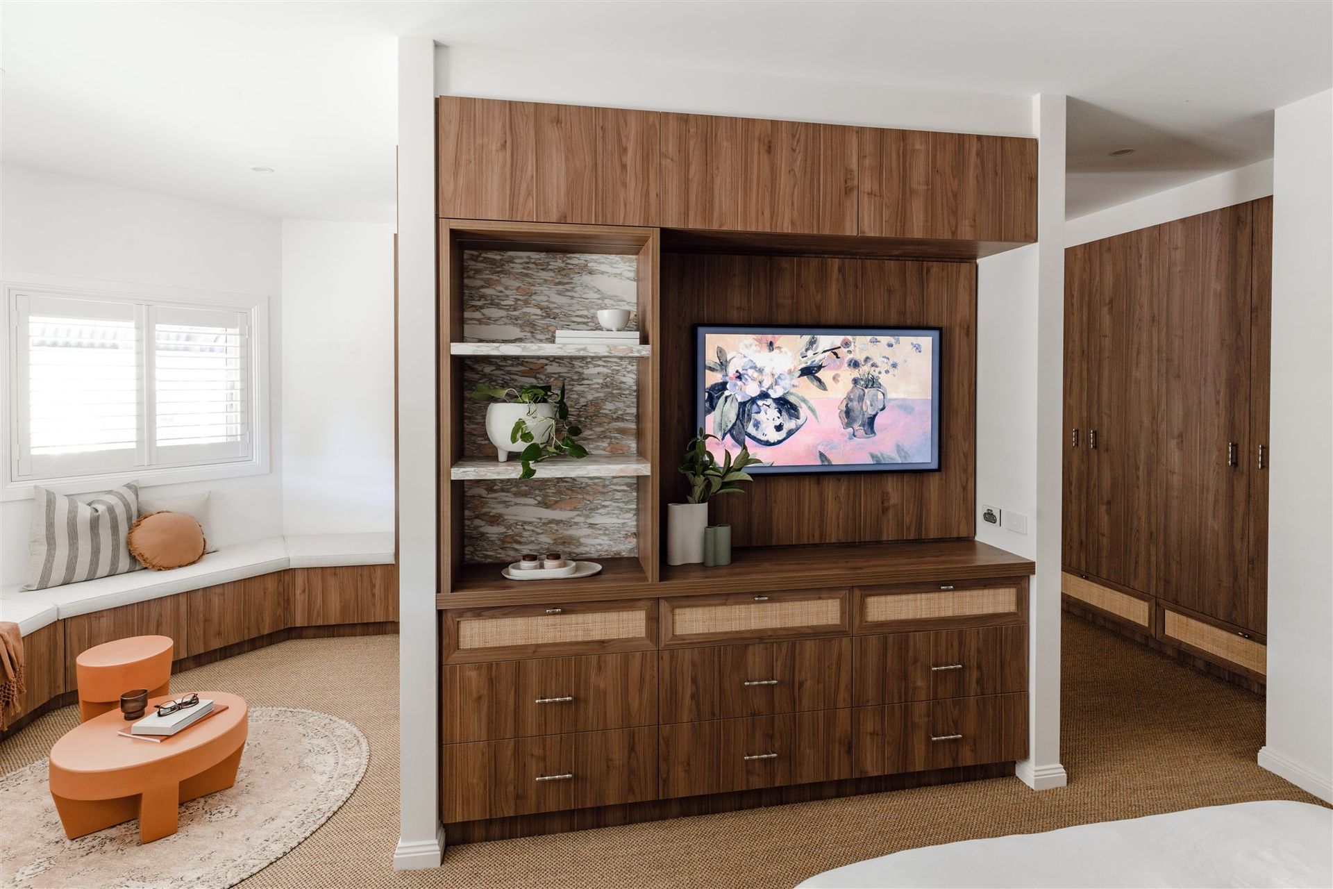 Modern Living Room With Wood Media Cabinet — PKJ Design in Unanderra, NSW