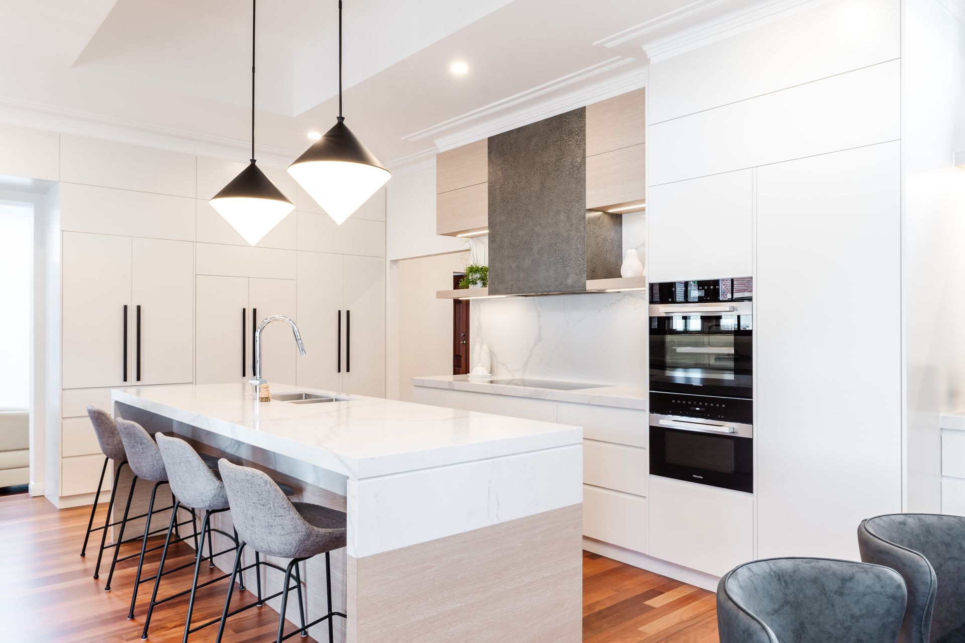 Modern White Kitchen With Island — PKJ Design in Unanderra, NSW