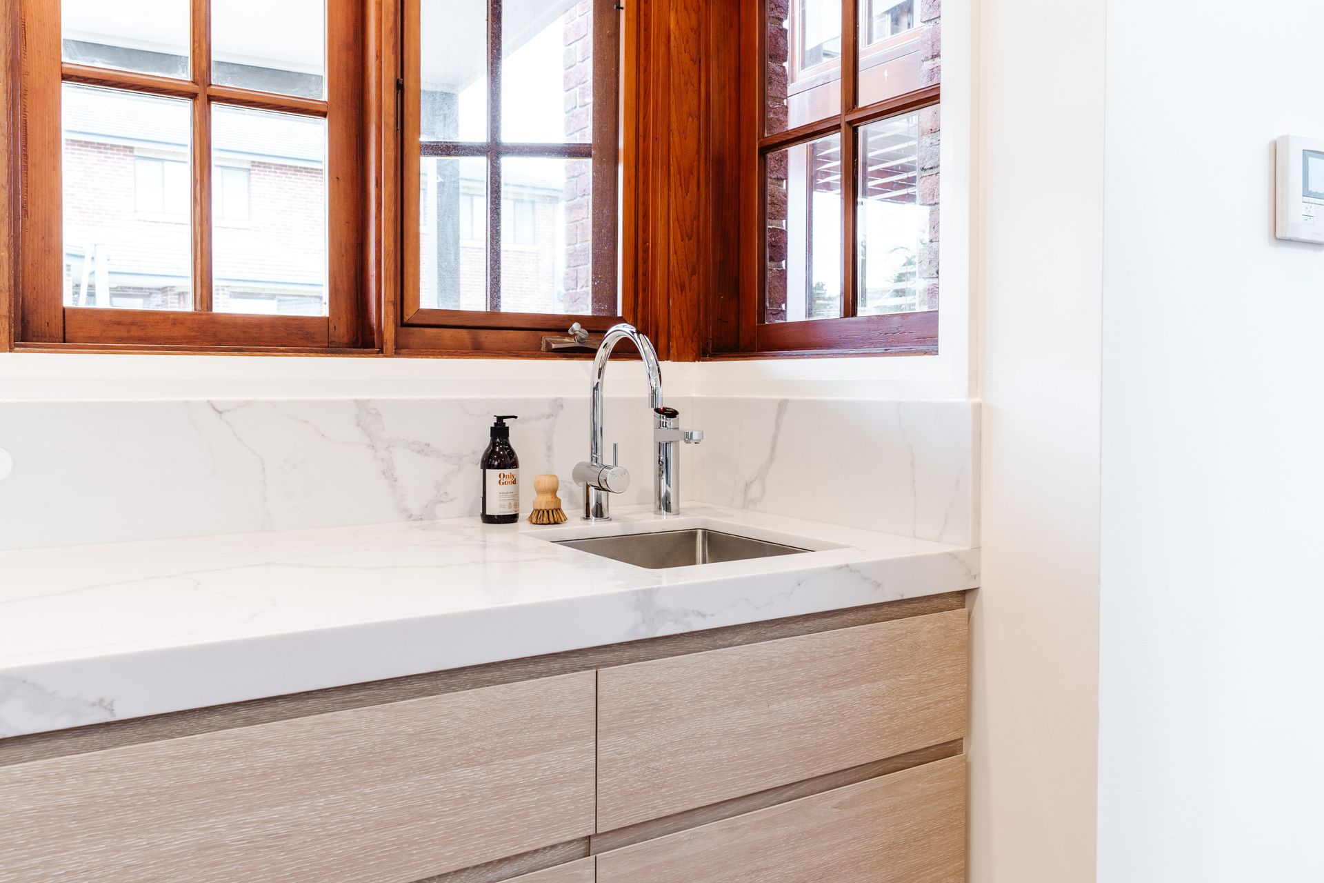 Bright Kitchen Vanity With White Countertop — PKJ Design in Unanderra, NSW