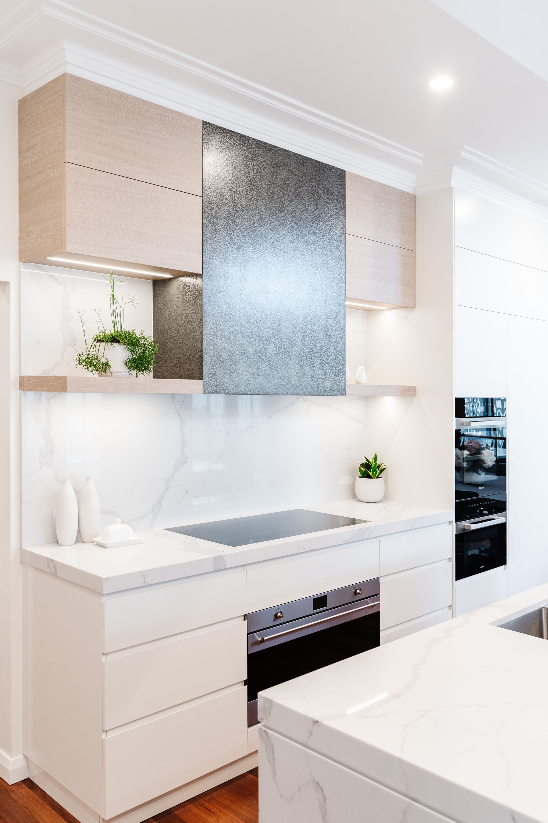 Modern Kitchen With Built-in Oven, Sink, and Backsplash Panel — PKJ Design in Unanderra, NSW