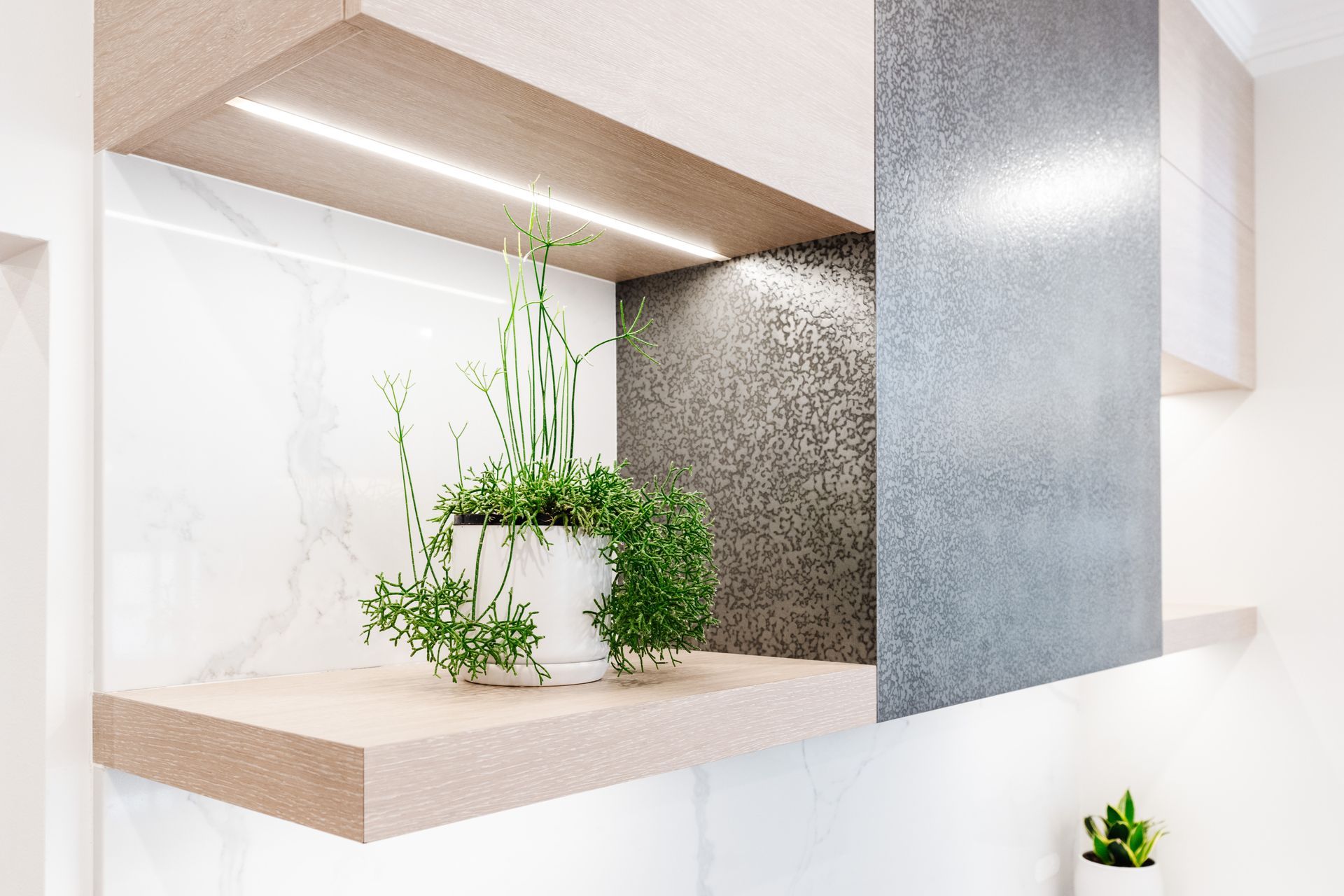 Modern Minimalist Shelf With Green Potted Plants and Light Wood — PKJ Design in Unanderra, NSW