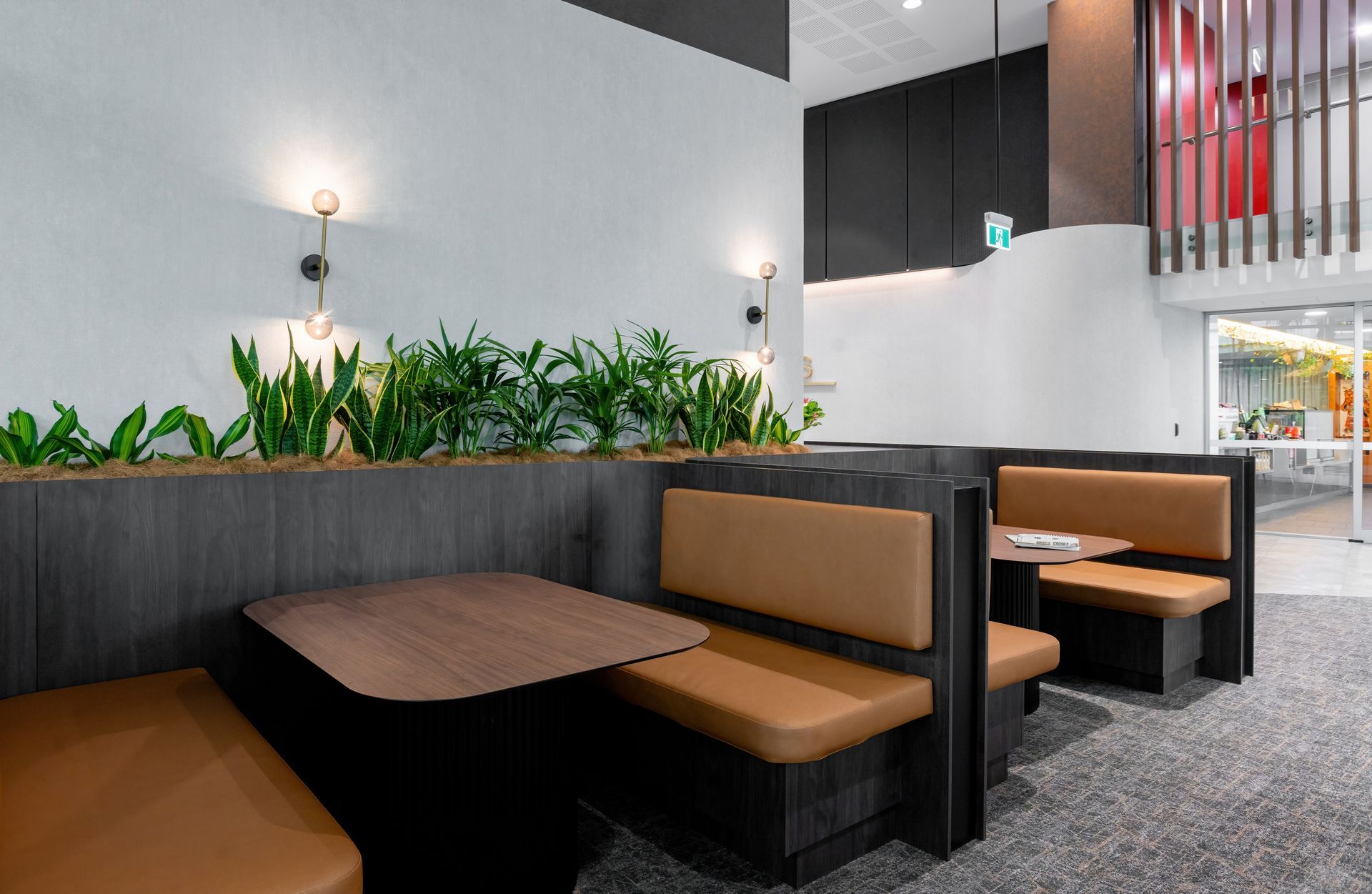 Modern Restaurant Booth Seating With Brown Benches — PKJ Design in Unanderra, NSW