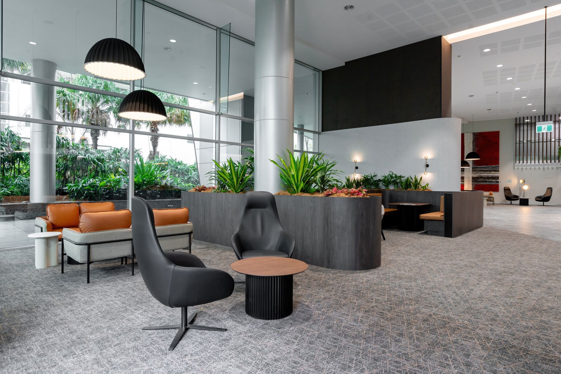 Modern Office Lounge With Gray Chairs — PKJ Design in Unanderra, NSW