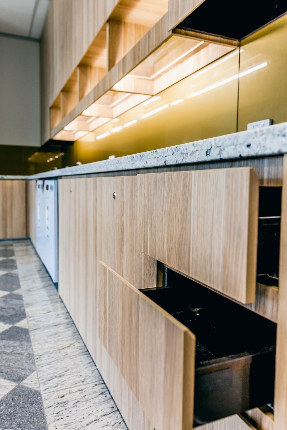 Modern Hotel Lobby With Wood-paneled Desk — PKJ Design in Unanderra, NSW