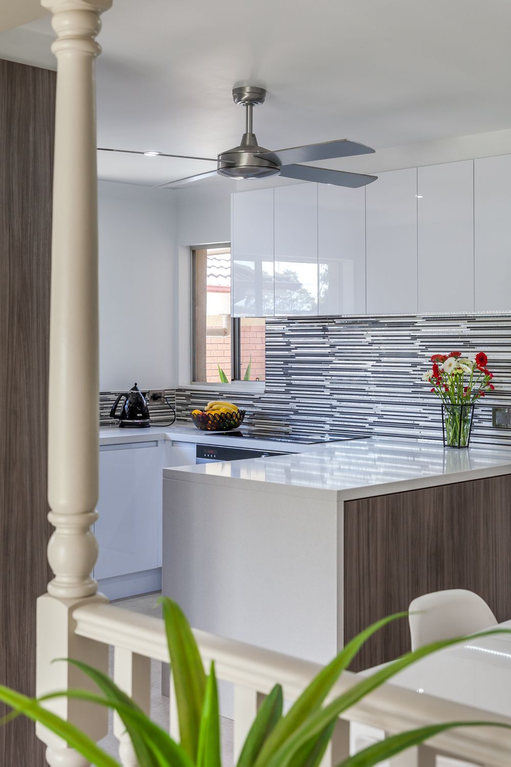 Modern White Kitchen With Island, Mosaic Backsplash — PKJ Design in Unanderra, NSW