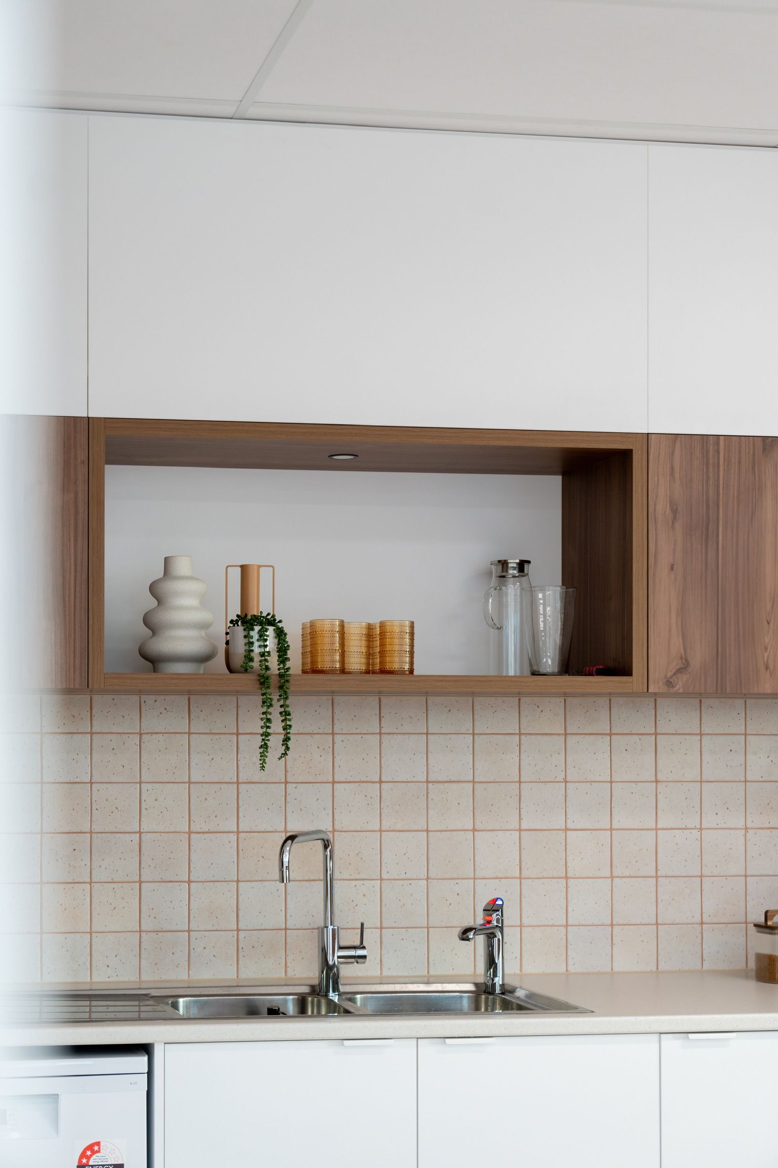 Minimal Kitchen With Wooden Wall Cabinets — PKJ Design in Unanderra, NSW