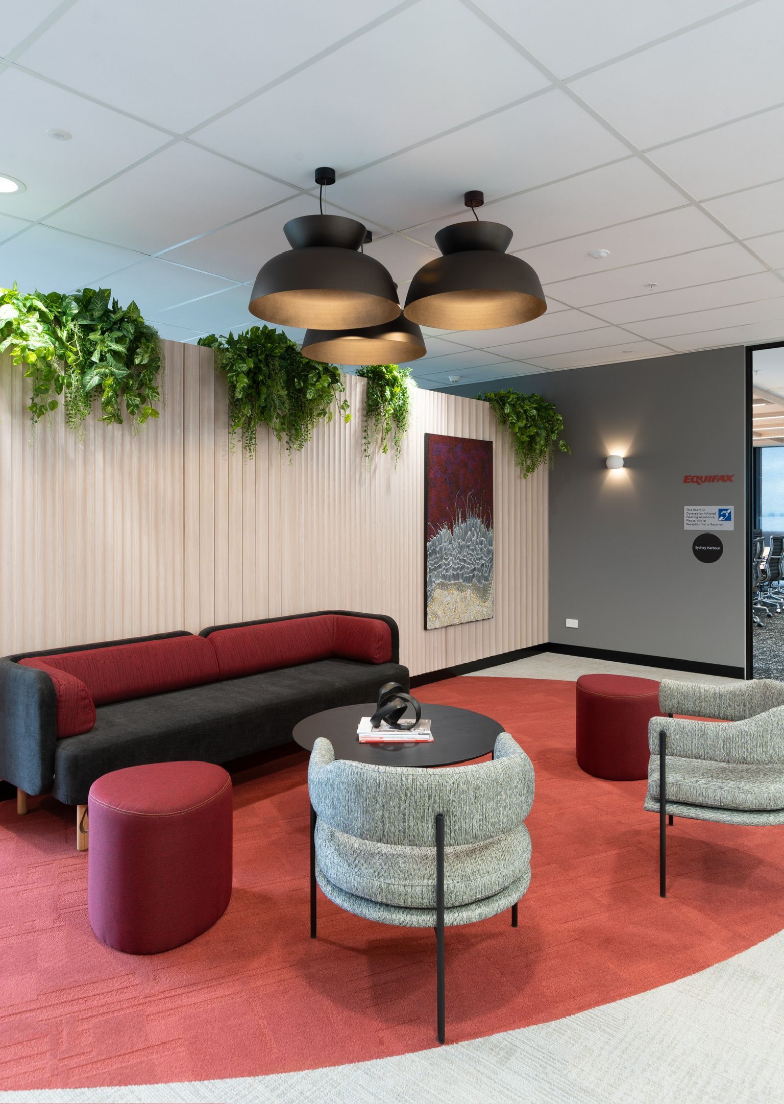 Modern Lounge With Red Carpet — PKJ Design in Unanderra, NSW