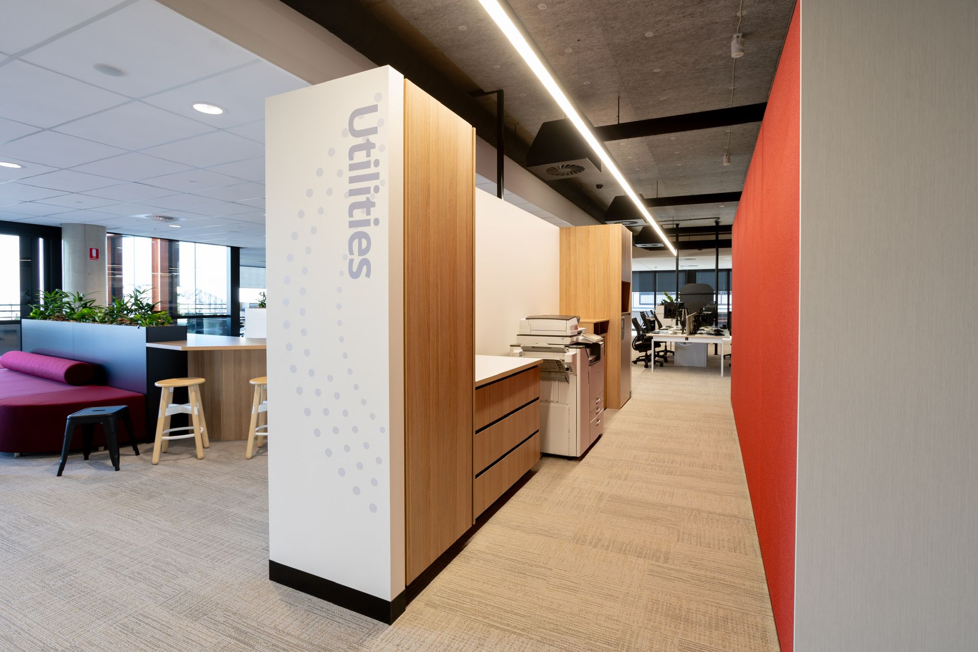 Modern Office Kitchenette Corridor With Wood Cabinetry — PKJ Design in Unanderra, NSW