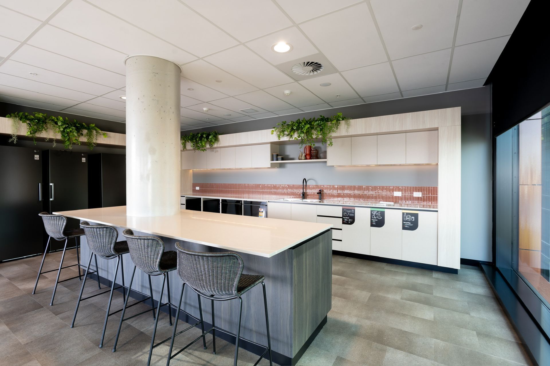 Modern Office Kitchen With a Long Island — PKJ Design in Unanderra, NSW