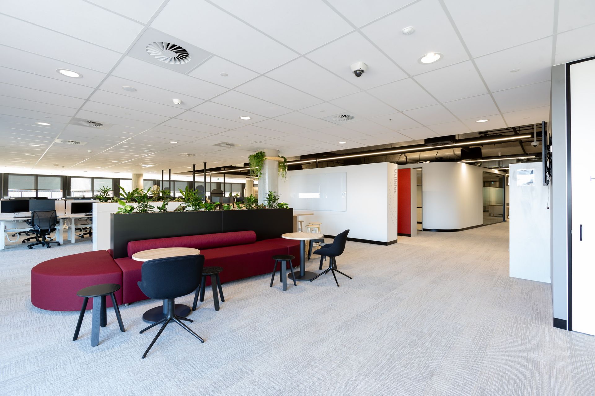Open-plan Office Lounge With Red Bench Seating — PKJ Design in Unanderra, NSW