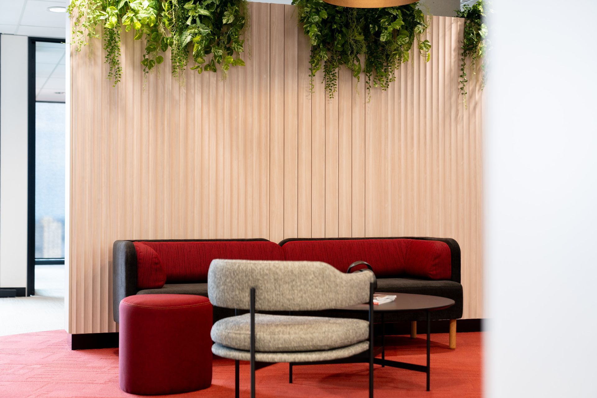 Modern Lounge With Red Sofa, Round Table, and Hanging Greenery — PKJ Design in Unanderra, NSW