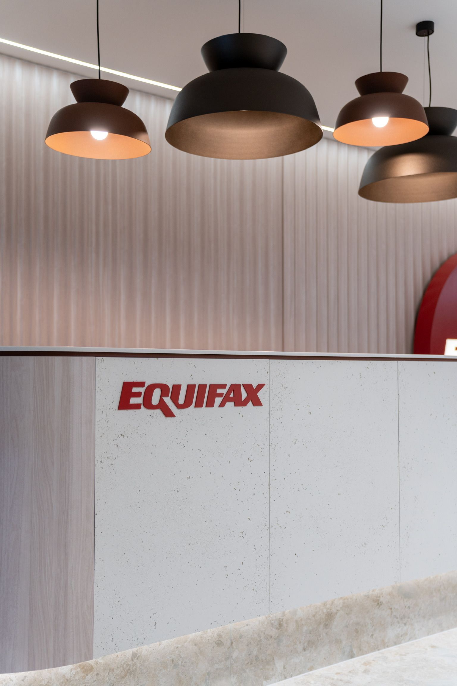 Equifax Reception Desk Under Hanging Black Pendant Lights — PKJ Design in Unanderra, NSW