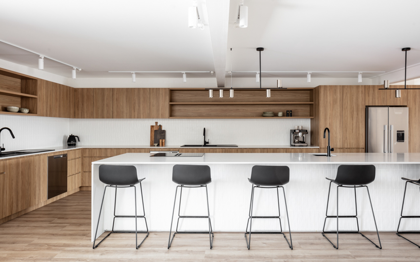 Modern Kitchen With Wood Cabinets, White Island — PKJ Design in Unanderra, NSW